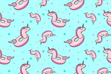 Vector seamless pattern with the image of a pink unicorn swimming circle. The illustration is drawn in doodle style. Design for printing postcards, posters, fabrics, baby clothes.のイラスト素材