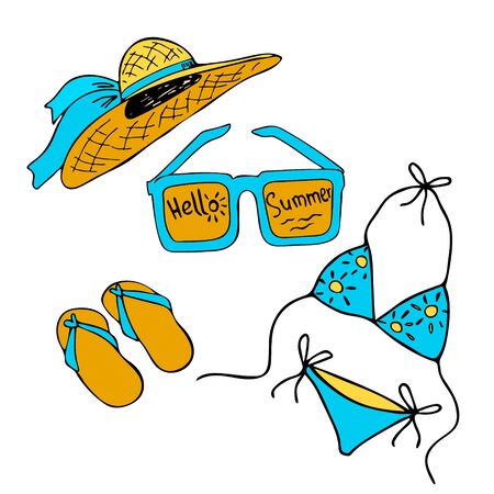 Set of summer things for the beach isolated on a white background. Swimsuit, sunglasses, hat, beach slippers. Vector illustration drawn in doodle style. Design for decoration cards, parties, website.のイラスト素材