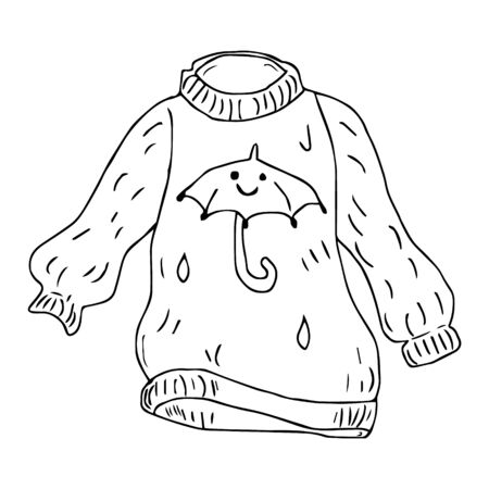 Cute hand drawn illustration of a cozy hand knitted sweater. Doodle vector illustration isolated on white background. Print greeting cards, stickers, coloring and seasonal design.のイラスト素材