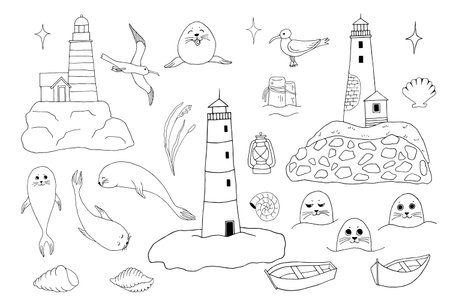 Collection of isolated black outline doodle with lighthouses, seagulls, seals, boats with oars, reeds and shells. Set of cute hand drawn sea objects for emblem design, colouring books, cards.のイラスト素材