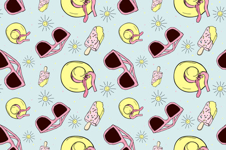 Seamless pattern with ice cream, sunglasses, beach hat. Hand drawn vector illustration. Summer,...