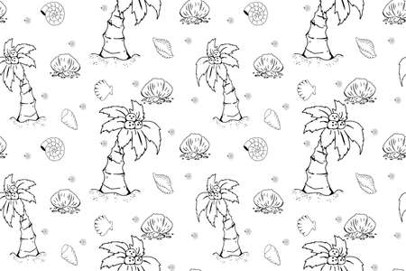 Hand drawn summer seamless pattern with coconut, shells and other. Background beach theme with summer elements. Fashion illustration objects.のイラスト素材