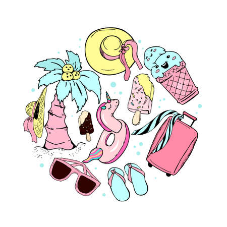 Set of summer things for the beach isolated on a white background. Swimsuit, sunglasses, hat, beach slippers. Vector illustration drawn in doodle style. Design for decoration cards, parties, website.のイラスト素材