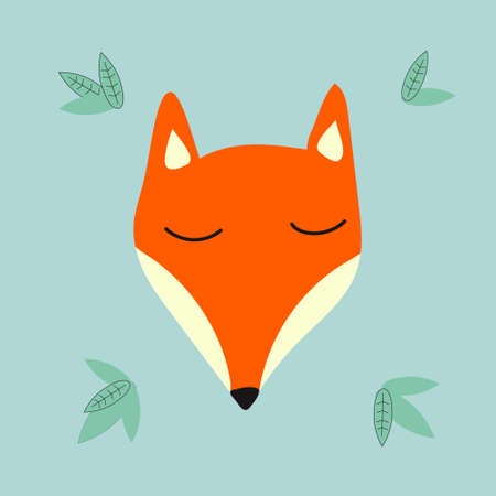 Cartoon animal portrait with sleepy fox face. Vector illustration with wild predatory animal. Beautiful design for printing greeting card, poster, t-shirt, baby clothes, fabric.のイラスト素材