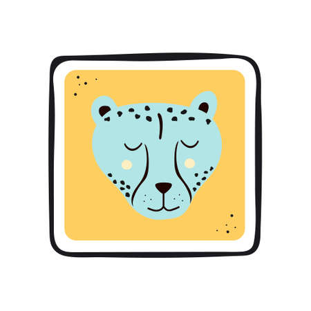 Vector illustration with wild predatory animal. Blue cheetah isolated on a yellow background in a frame. Design for children, print on fabric and t-shirt, greeting card, poster.のイラスト素材