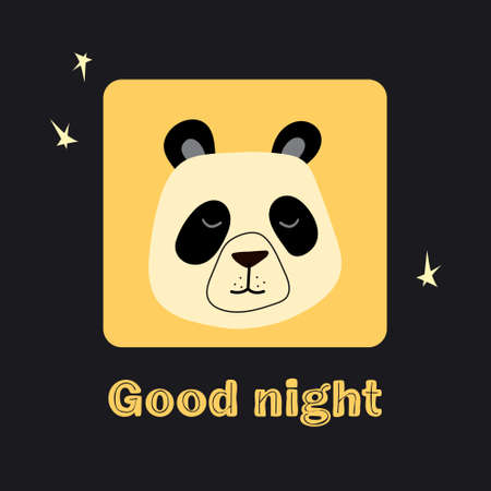 Vector illustration Good night sleepy panda face isolated in a yellow frame on a black background. Beautiful design for printing greeting card, poster, t-shirt, baby clothes, fabric,のイラスト素材