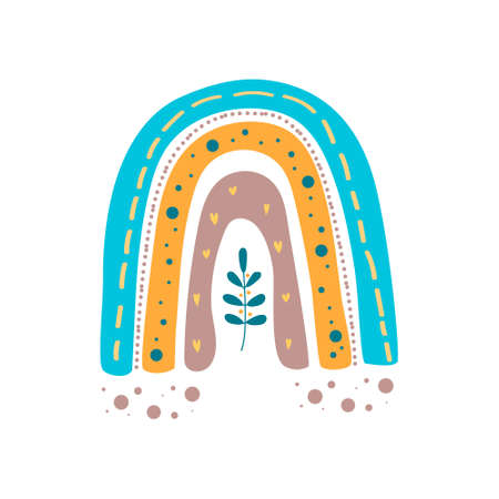 Vector adorable rainbow clipart in trendy scandinavian style. Cute simple illustration rainbow for design childish birthday invitation or baby shower, poster, clothing, nursery wall art and postcard.のイラスト素材