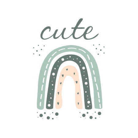 Cute vector pastel rainbow with dots, rain in childish Scandinavian style in blue, gray and pink colors isolated on whiteのイラスト素材