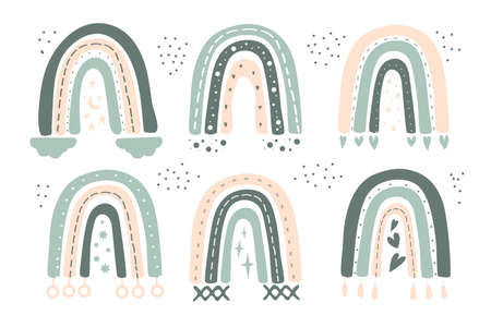 Collection of abstract simple rainbows in blue, gray and pink colors, with hearts, clouds, stars, rain in childish scandinavian style.のイラスト素材