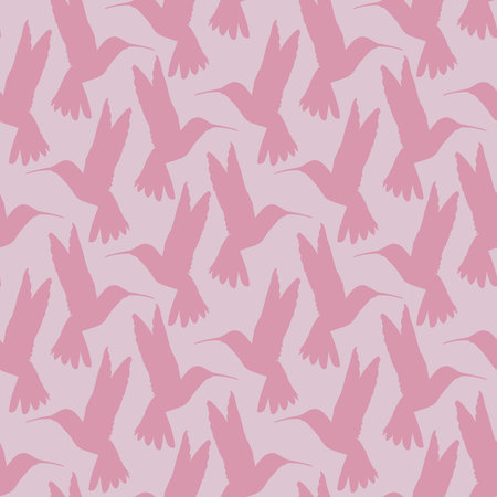 Seamless pattern with small flying birds of paradise hummingbirds on a pink background. Design for fabric, clothing, bedding, wrapping paper.のイラスト素材