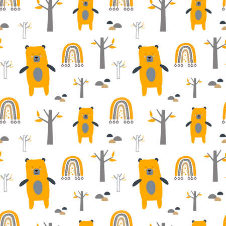 Cute seamless pattern with bears in forest. Scandinavian style background. Creative kids texture for fabric, wrapping, textile, wallpaper, apparel. Vector illustration for kids design.のイラスト素材
