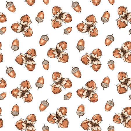Seamless pattern with with hand-drawn nuts and acorns on white background. Healthy diet. Modern background for packaging, ads, labels and other designs. Vector illustration.のイラスト素材
