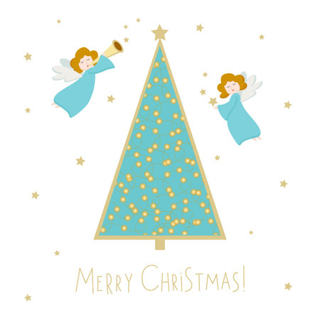 Magical Christmas card with Xmas blue fir tree, garland with light bulbs, angel with trumpet and stars. Inscription Merry Christmas. Vector illustration for printable greeting card, poster, invitationのイラスト素材