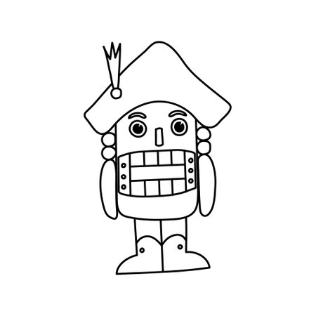 Nutcracker from a Christmas winter fairy tale. Vector outline on a white background. Hand drawn doodle vector illustration. Design for printable cards, invitations, childrens coloringのイラスト素材