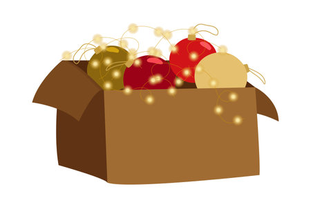 Beautiful vector illustration carton box with a bunch christmas gold and red balls to decorate the Christmas tree to prepare for the new year holiday in winter. For flyer, party, invitation.のイラスト素材