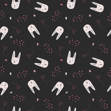 Vector seamless repeating childish pattern with cute rabbits and hearts in the Scandinavian style on a black background.のイラスト素材