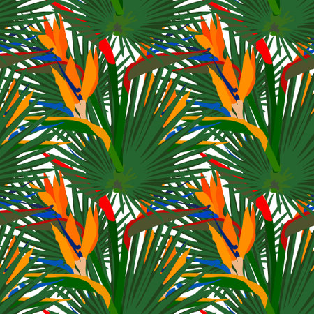 Vector seamless pattern of tropical leaves, floral tropical natural elements. Exotic flowers, twigs and leaves. Botanical background for printing on fabric, clothes, beddingのイラスト素材