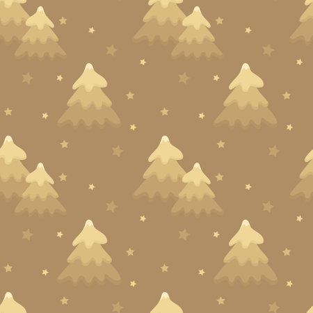 Seamless Christmas pattern with Christmas trees and stars of gold color on a golden background. Festive background for Christmas decorations, cards and banners, winter holidays christmas decorationのイラスト素材