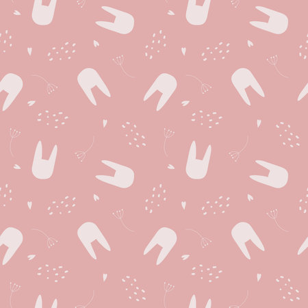 Vector seamless repeating childish pattern with cute rabbits and hearts in the Scandinavian style on a pink background.のイラスト素材