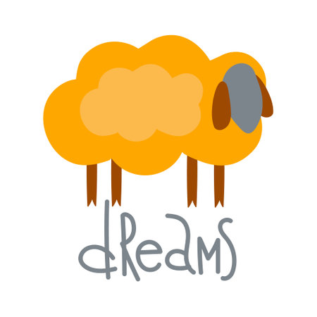 Cute yellow sheep and the inscription Dreams. Cartoon character. Poster for baby room. Childish print for kids apparel, greeting card, invitation, baby shower. Vector illustration.のイラスト素材