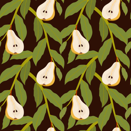 Vector seamless pattern with pears. Cute summer colorful fruits background. For kitchen design, food packaging. Decorative illustration for printing poster, postcard, fabric, decor for kitchen.のイラスト素材