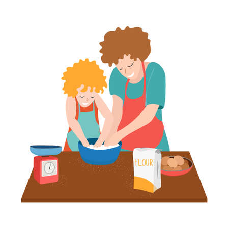 Concept of home cooking with child. Mother and daughter cooking on kitchen. Eggs and bag of flour on table. Kid helps parents. Happy motherhood and joint activities.のイラスト素材