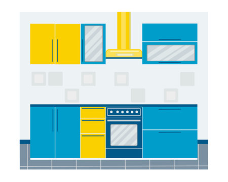 Modern kitchen interior with cupboards, side tables, stove, oven, extractor hood. Vector illustration in a flat style. Design for website, flyer, magazine, posterのイラスト素材