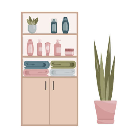 Bathroom cabinet with towels, indoor flower, shampoos, deodorants, creams. Bathroom cabinet with towels and indoor flower.のイラスト素材