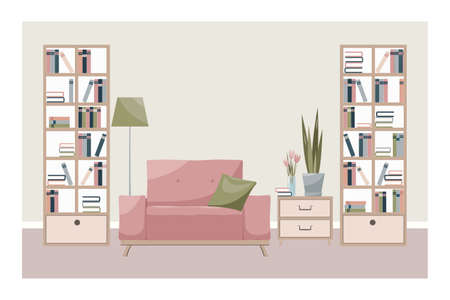 Interior of a room or home library: armchair, flowers, books, bookcase. Modern design interior of home furniture for reading. Flat hand drawn vector illustrationのイラスト素材