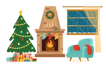 Cozy Christmas interior of the living room: armchair, christmas tree, gifts, fireplace and window with winter landscape. New Years decorations such as garlands, Christmas toys.のイラスト素材