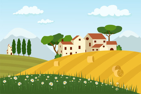 Rural landscape with houses, a field, trees and a meadow with daisies. Beautiful summer fields scenery with green hills, bright color blue sky and Village. Vector illustration in flat styleのイラスト素材