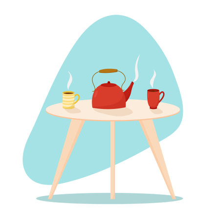 Coffee table with teapot and ceramic cups. Tea time or coffee set on table in living room with cups of hot drinks and red teapot. Flat vector illustration.のイラスト素材