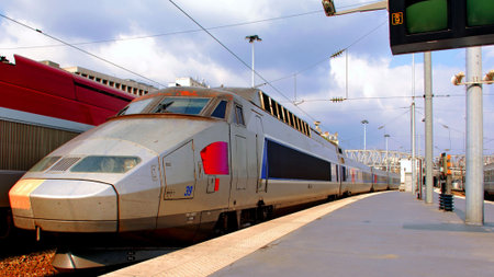 France, paris: high speed train in Paris at the North Railway station; blue and grey viewのeditorial素材