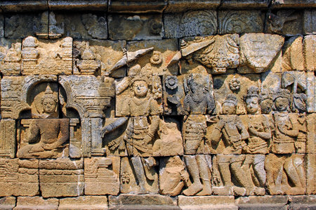 the carved images of borobudur temple; the most famous buddhist  bas- relief of  southeast asia ; the life of buddhaの写真素材