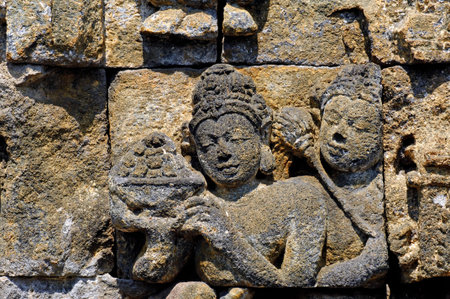 Indonesia, Java, Borobudur: Temple, the carved images of borobudur temple; the most famous buddhist  bas- relief of  southeast asia , the life of buddhaの写真素材