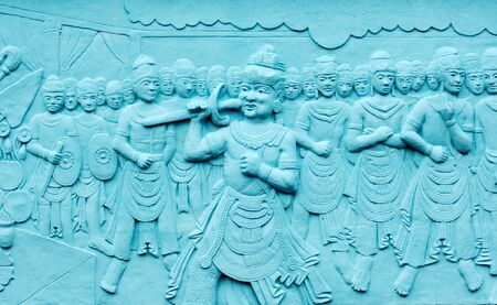 Indonesia, Java: Frescoes in bas relief in blue; carved and painting images related with indonesian  legends and beliefsの写真素材