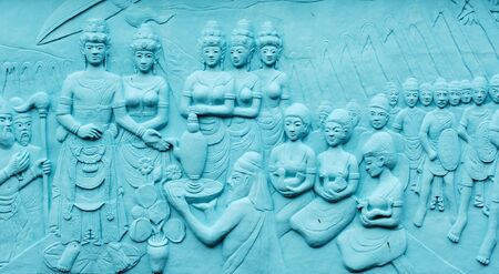 Indonesia, Java: Frescoes in bas relief in blue; carved and painting images related with indonesian  legends and beliefsの写真素材