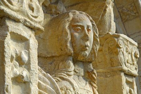 Portugal, Lisbon: Manueline architecture style, Jeronimo monastery; sculpted white stone with carved walls, statues row and archs; detail of a wall sculpture のeditorial素材