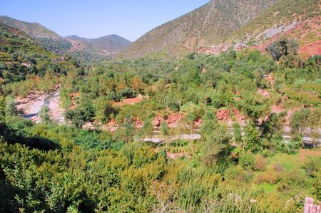 Morocco, Marrakesh: landscape of Ourika valley; blue sky; green vegetation and red soils の写真素材