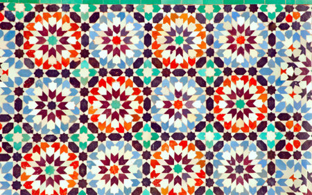 Morocco, Marrakech, Marrakesh:detail of the  Ben Youssef madrasa; old geometrical ceramics in white;...