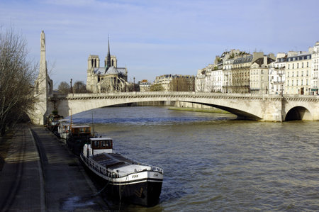 France, Paris: nice city view from the quai of the seine river; blue sky; naked trees and the river...