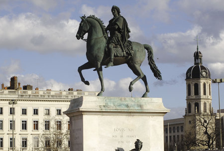 France; Lyon; Lyons; The square bellecour is a largest clear square and is amongst the largest squares in europe. in the middle of this square the famous statue of the king Louis 14th riding his horse. の写真素材