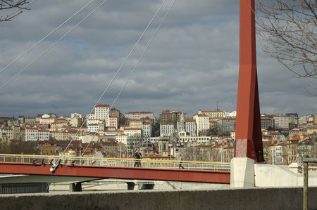 France; Lyon or Lyons: view of the old  district near the saone river with the typical constructions from the 18th and 19th centuries. the yellow , pink and rose walls are typical of Lyon cityの写真素材