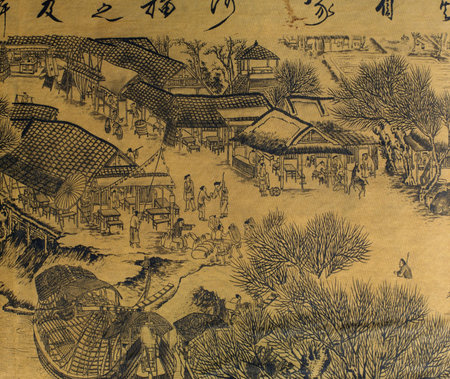 Antique Chinese Silk Painting in the style of the song and yuan dynasties; nature, landscapes and countryside landscapes with hills; mountains; rivers and peaceful scenes  are the subjects of these brush dipped black colored ink; generaly the materials usの写真素材