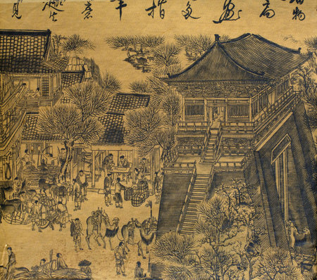 Antique chinese silk painting in the style of the song and yuan dynasties; nature, landscapes and countryside landscapes with hills; mountains; rivers and peaceful scenes  are the subjects of these brush dipped black colored ink; generaly the materials usの写真素材