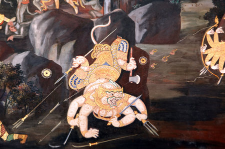 Thailand, Bangkok: Grand palace wall painting; historical and religious representation with natural colors and gold leaf; の写真素材