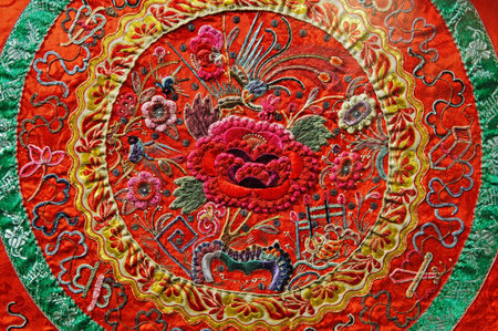 Chinese art: silk ancient  embroidery with typical chinese motifの写真素材