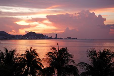 Malaysia, Penang: City view; a heavenly view with blue sky and sandy beachs outline by coconut trees and a pink sunset の写真素材