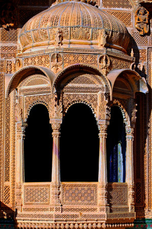 India, Rajasthan, Jaisalmer: patwa aveli ; this aveli is famous for his intricate stone carved balconies; generally havelis are noted for their fantastic frescoesの写真素材