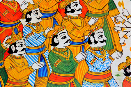 India, Udaipur: fresco on a wall; colorful indian men in traditional suit ; antique paintings of mehwarの写真素材